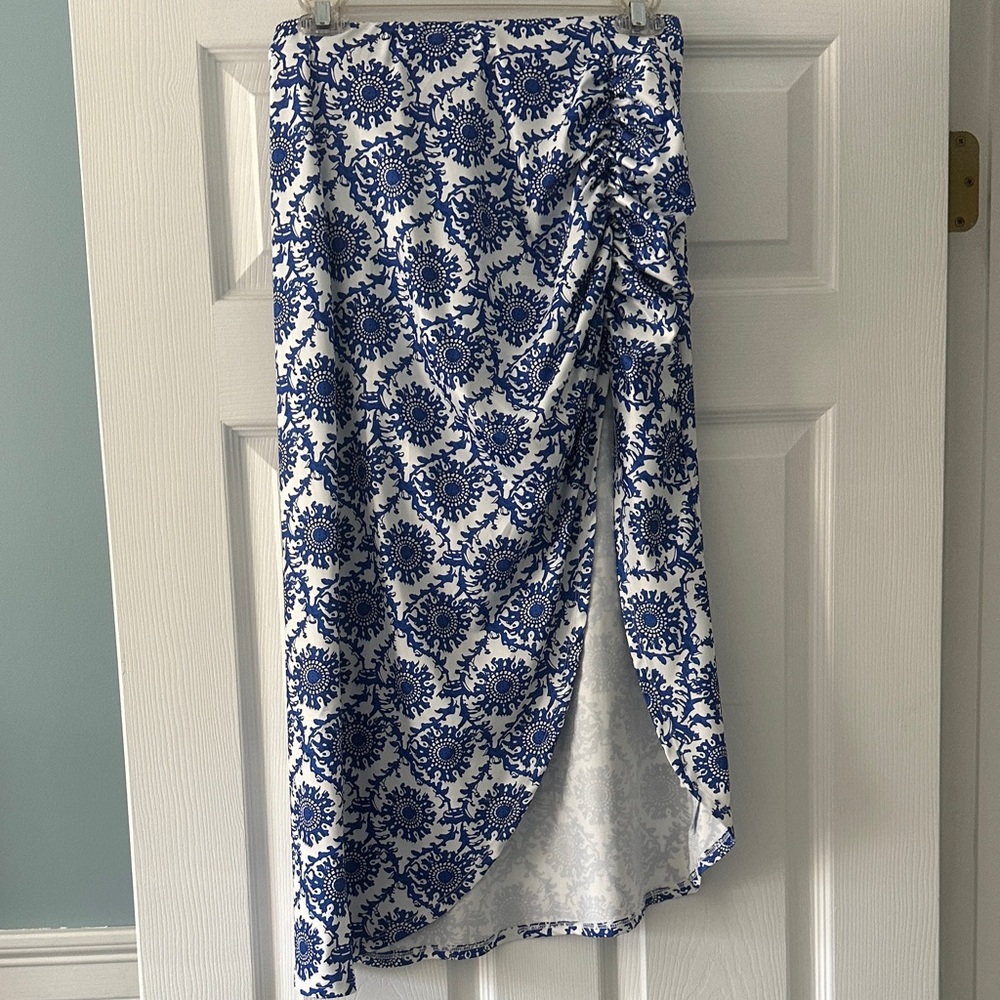Blue and White Printed asymmetrical Midi Skirt